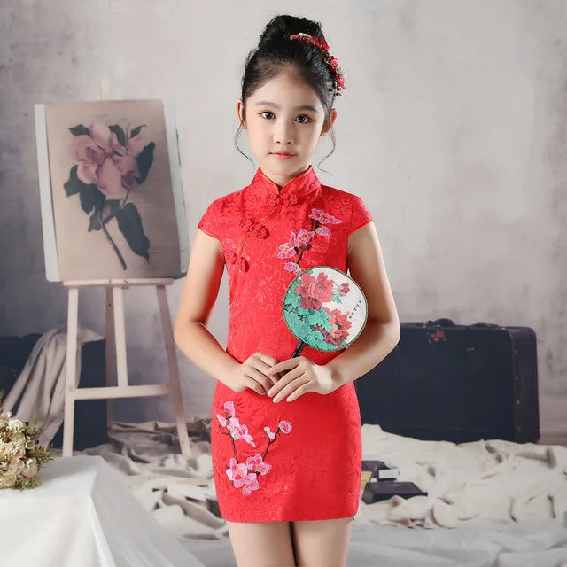 Summer Lovely Girls Short Sleeve Lace cheongsam Dress Cute Princess Girls Embroidery Dresses Kids Party Evening Wedding Dress - Seprincess