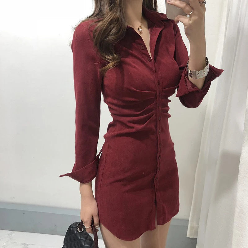 Dresses for Women French Retro Shirt Tight Bottoming Dress Female Autumn and Winter Slim Package Hip Single-breasted Pure Dress - Seprincess