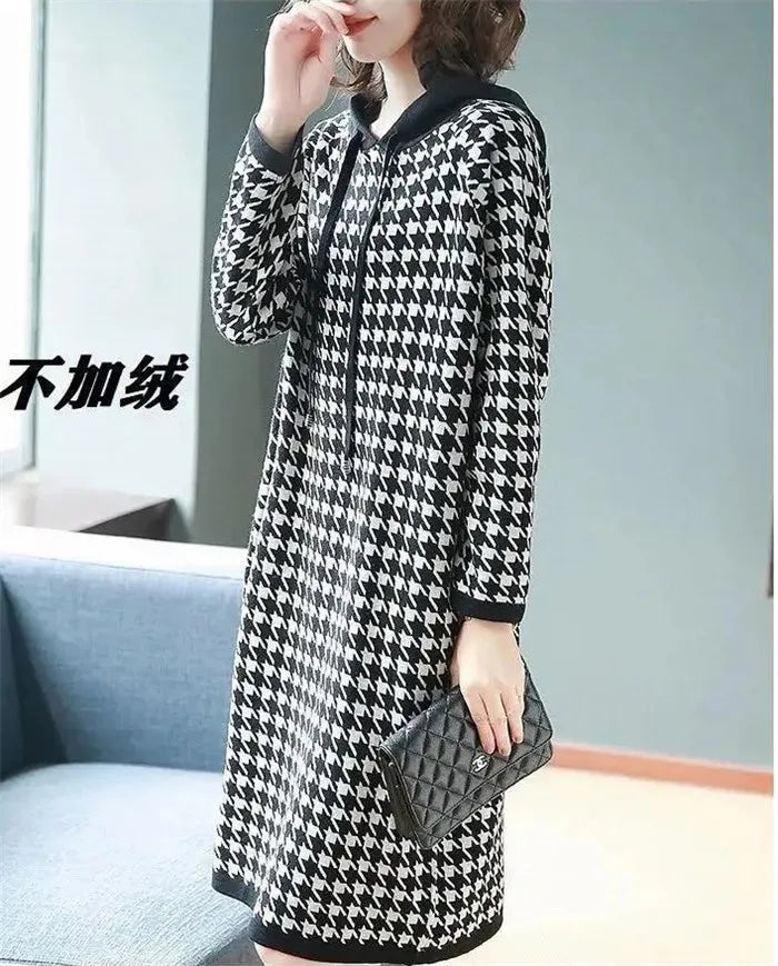 6XL Women's Dress 2024 Autumn Summer New Fashion Houndstooth Hooded Sweater Hoodie Dresses Winter Long-Sleeved Base Dress Female - Seprincess