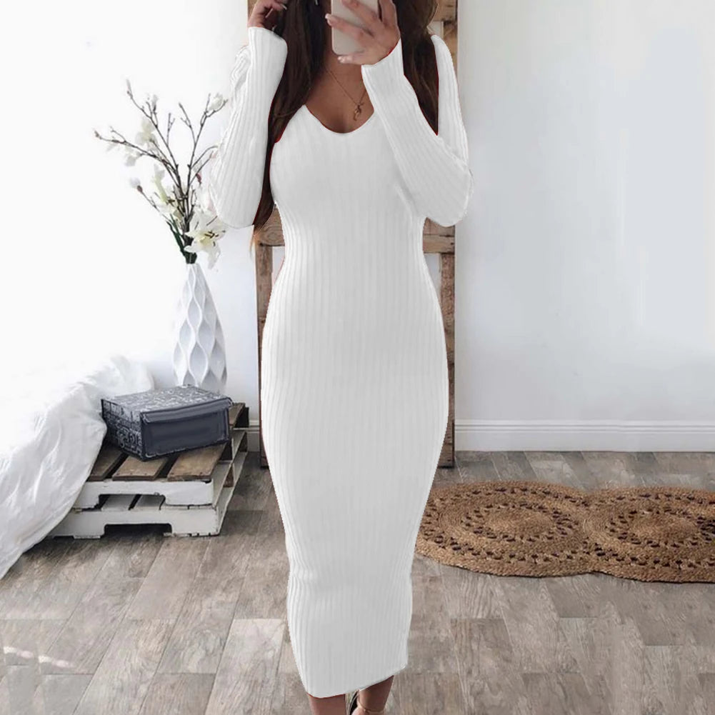 Sexy Women Dress Winter 2020 Knit Sweater Long Sleeve V Neck Backless Ribbed  Slim Knitted Midi Dress Sweater Dress Korean Dress - Seprincess