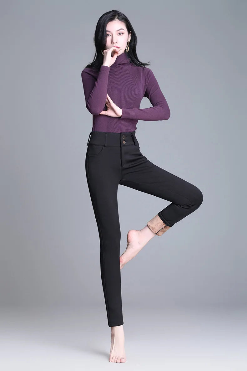 Winter Velvet Thick Warm Pants For Women Skinny Stretch Fleece Pencil Pants High Waist Solid Black Blue Trousers Female