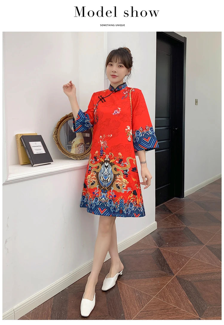 Ins Red Blue Loose 2021 New Fashion Modern Chinese Cheongsam A-line Dress Women 3/4 Sleeve Qipao Traditional Chinese Clothes - Seprincess