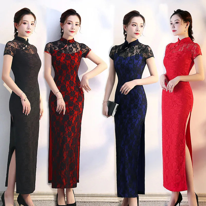 Lace Floral Perspective Collar Qipao Sexy Long Women Cheongsams Big Size 3XL 4XL 5XL Chinese Dress Grace Evening Party Vestidos - Seprincess