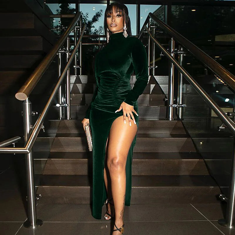 2022 Autumn Winter Women Solid Velvet Long Sleeve Ruched Midi Dress Side Slit Bodycon Sexy Streetwear Party Elegant Club - Seprincess