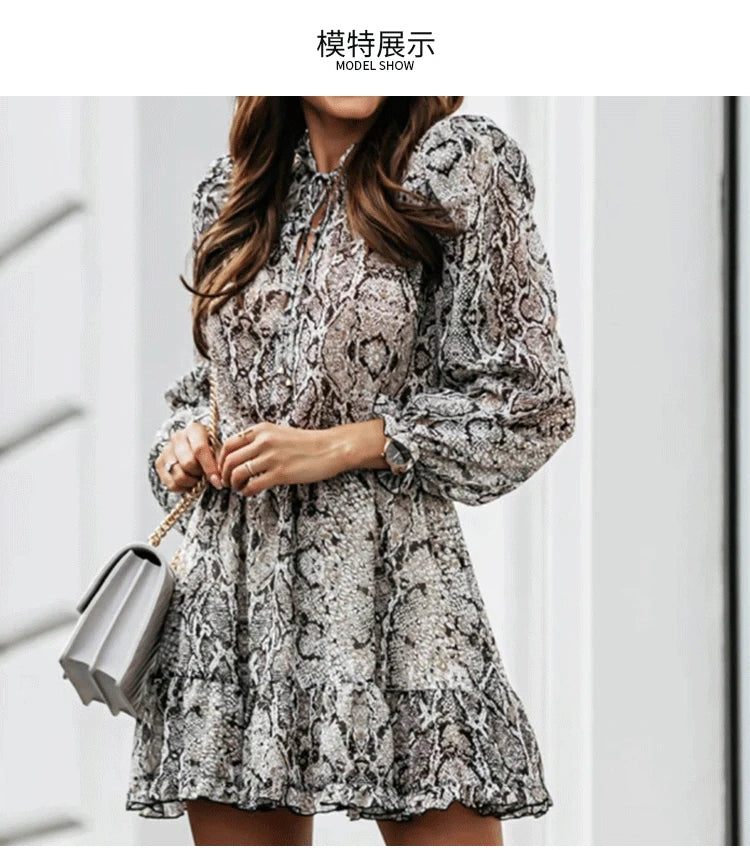 Autumn Style Snake Pattern round Neck Long Sleeve Waist-Tight Cake Skirt Dress Women - Seprincess