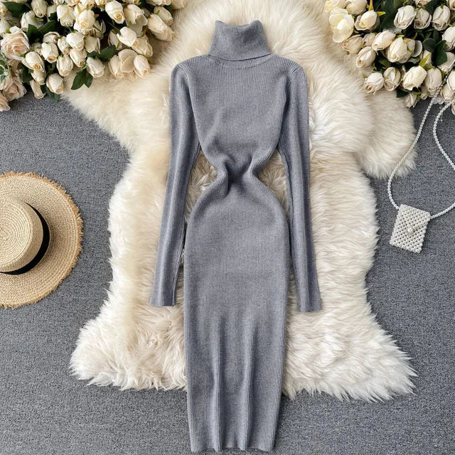 Dresses for Women 2022 Sexy Turtleneck Knitted Bodycon Dress Women Autumn Winter Long Sleeve Sweater Dress - Seprincess