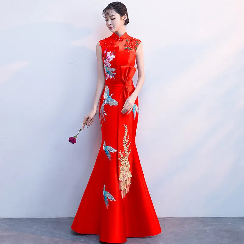 Ladies sleeveless Evening Dress Summer Vintage Phoenix Embroidery Qipao Elegant Chinese Bride Wedding Fishtail Cheongsam S-2XL - Seprincess