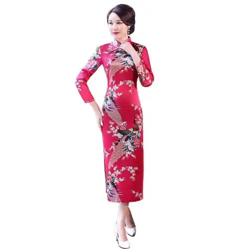 Women Chinese Traditional Dress Peacock Flower Print Long Split Bodycon Dress Cheongsam Stage Show Midi Slim Women Dress