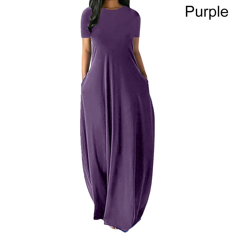 Women Oversize Casual Solid O-Neck Pockets Long Dress Summer Dress Female Plus Size Short Sleeve High Waist Maxi Dresses - Seprincess