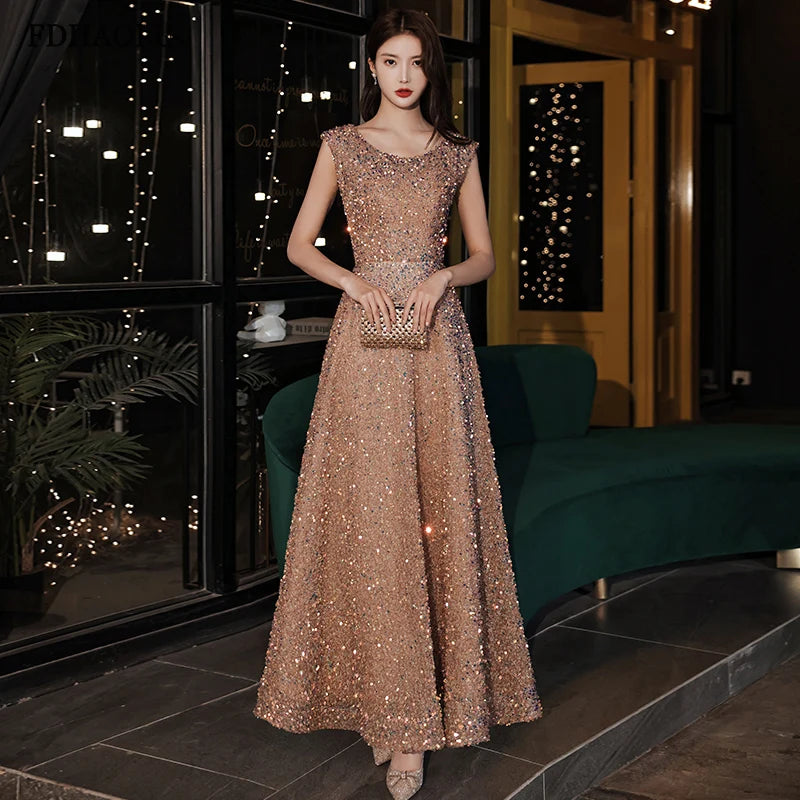 FDHAOLU FU92 Sequins Evening Dresses O-Neck A-line Floor-length Sleeveless Elegant Bling Plus size Customized Woman Formal Dress - Seprincess