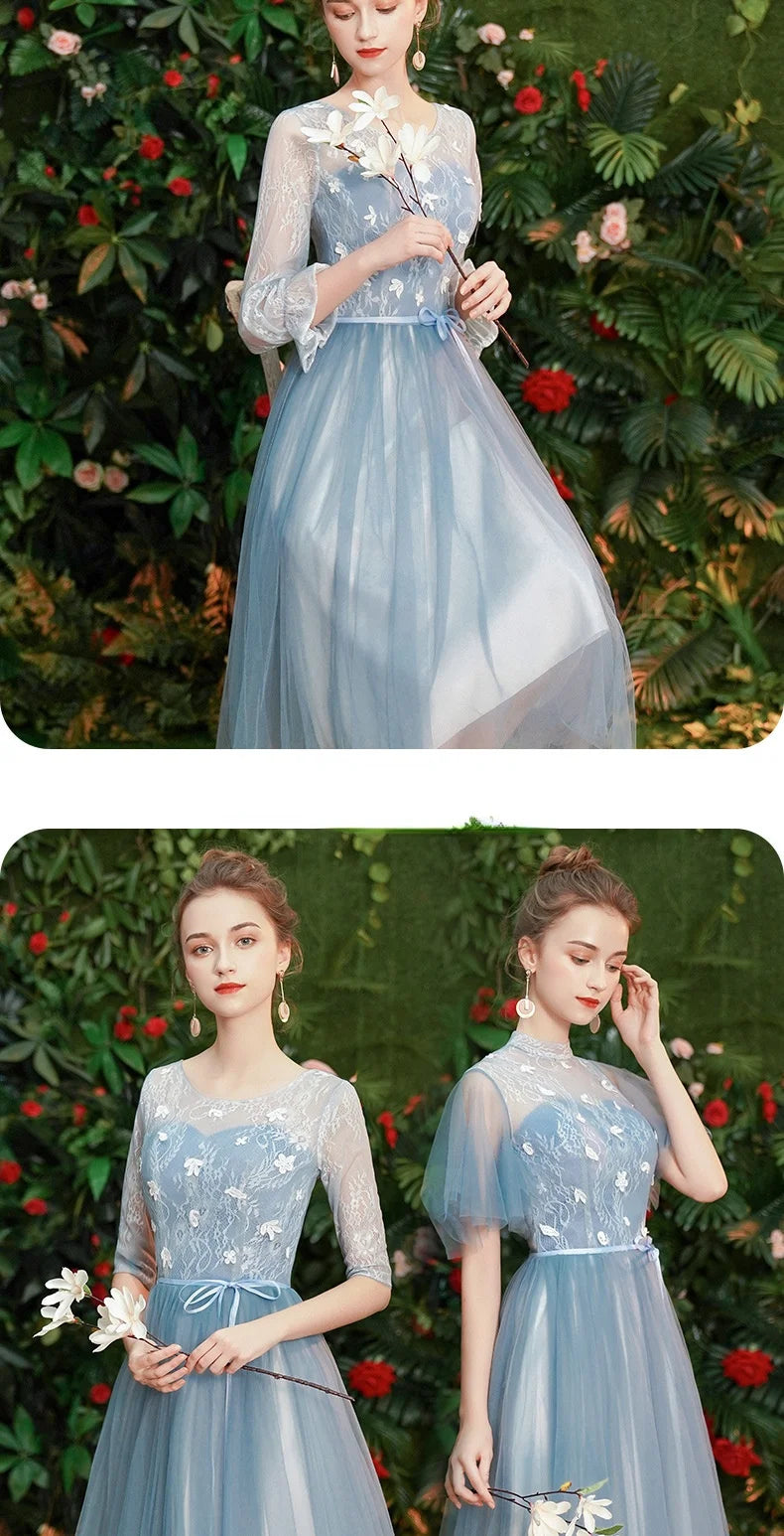 Gray Blue Bridesmaid Dresses For Women Elegant Half Sleeve Wedding Guest Dress Tulle Tea-Length Girl Vestido De Festa - Seprincess