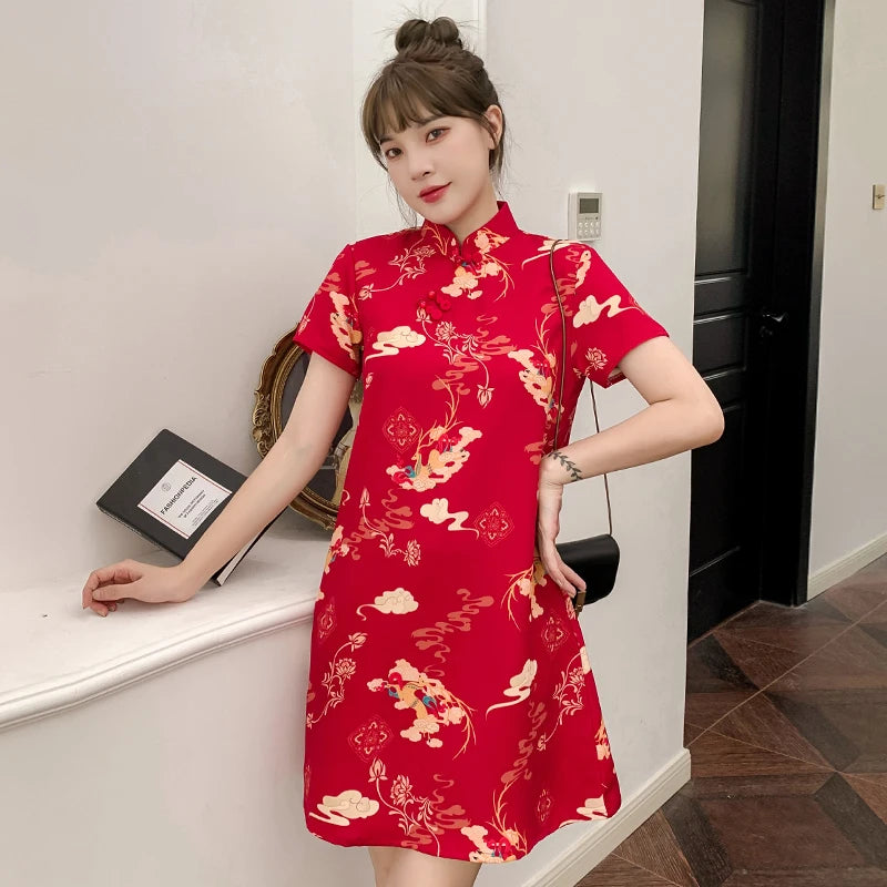 M-4XL 2022 New Year Red Summer Trend Street Fashion Modern Cheongsam A-line Dress Women Qipao Traditional Chinese Clothes - Seprincess