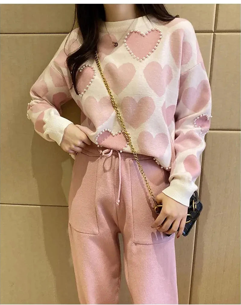 Love Printed Knit Two Peice Set Women Long Sleeve Sweater Pullover Tops Suits  Casual Jogger Pants Conjunto Knitwear Korean Sets - Seprincess