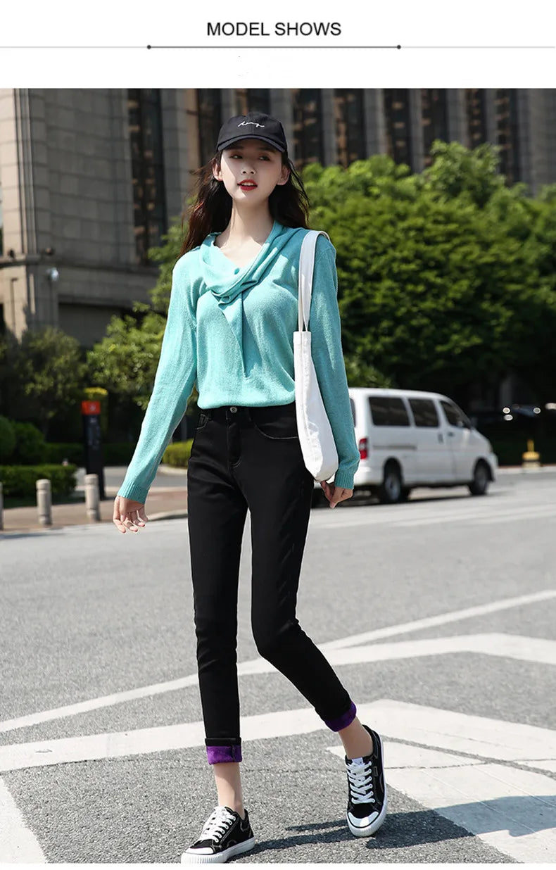 Clothes 26-40 winter women Colorful  velvet high waist jeans denim trousers stretch warm pencil pants thick skinny jeans