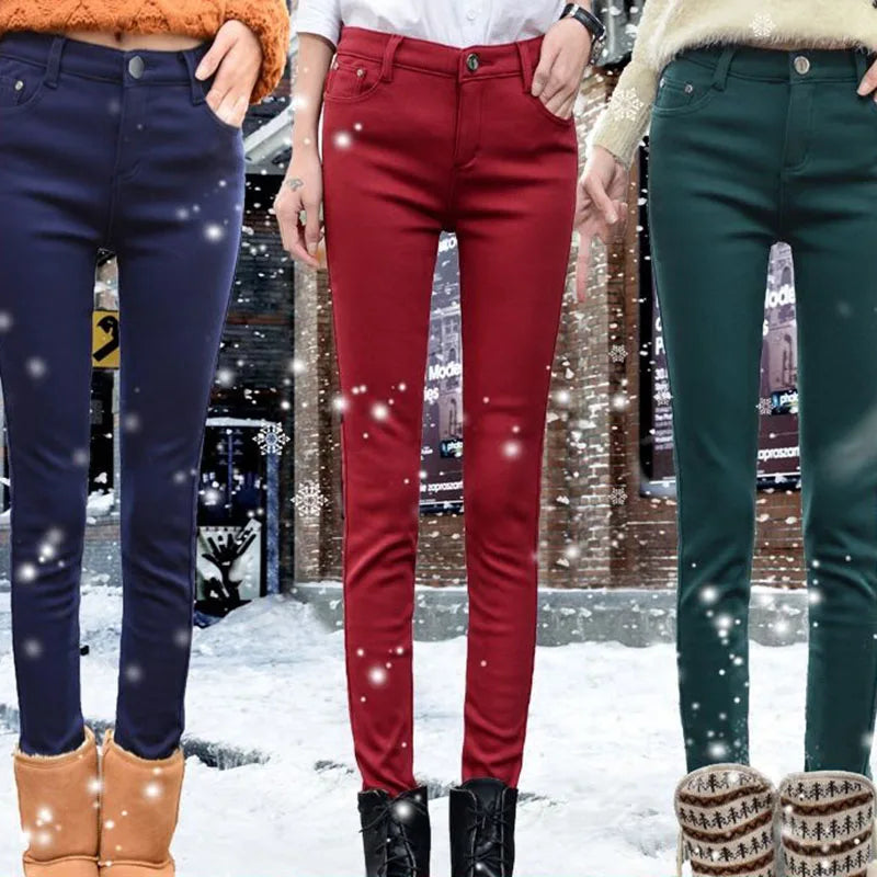 Korean Fashion Velvet Stretch Skinny Pant Women Mid Waist Warm Vaqueros Office Fleece Trousers Candy Colors Thick Winter Jeans