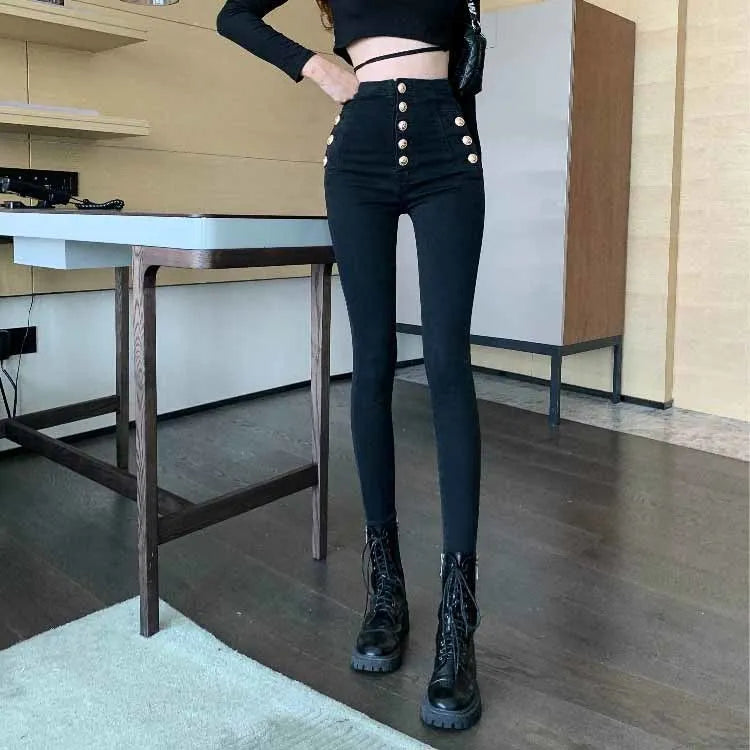 Spring Autumn Fashion High Waist Skinny Trousers Women's Casual Double Breasted Black Pencil Pants