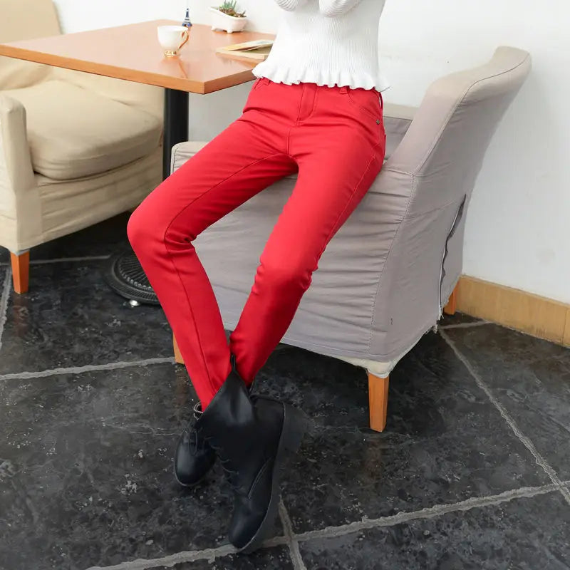 Korean Fashion Velvet Stretch Skinny Pant Women Mid Waist Warm Vaqueros Office Fleece Trousers Candy Colors Thick Winter Jeans