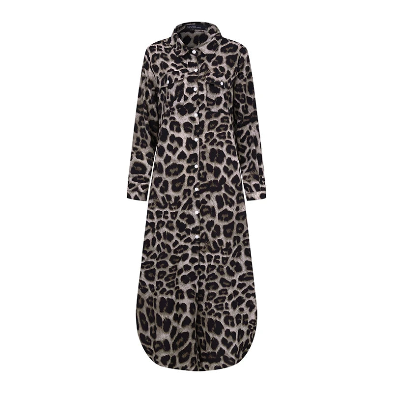 ZANZEA Party Vintage Leopard Robe 2023 Autumn Casual Long Sleeve Maxi Long Vestidos Dress Fashion Oversized Women Shirt Sundress - Seprincess