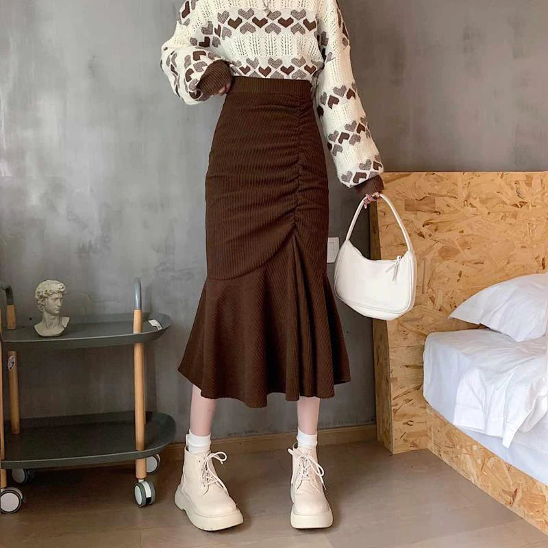 Lucyever Fashion High Waist Midi Skirts for Women 2023 Spring Slim Fit  Hip Mermaid Skirt Woman Korean Ruffles Brown Skirts 2XL - Seprincess