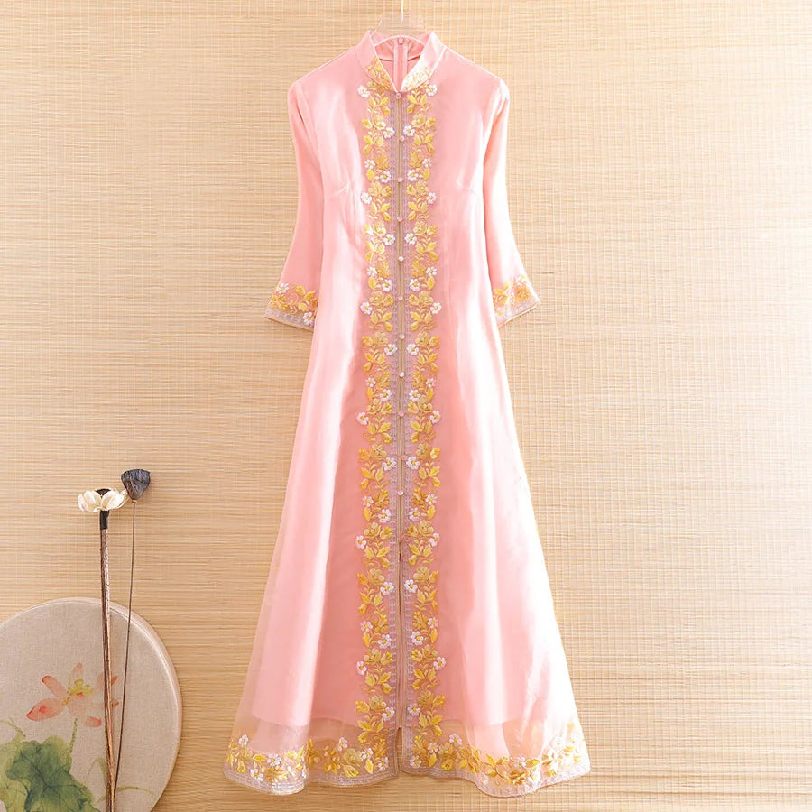 Hi-end Spring Autumn  Women Organza Cheongsam Dress Embroidery Slim Elegant Lady Chinese Style A-line Party Qiapo Dress S-XXL - Seprincess