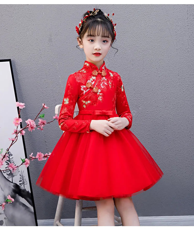 Cute Flower Girls Dresses Kids Chinese Embroidery Lace Cheongsam Dress Baby Girls Elegant Traditional Chinese New Year Dress - Seprincess