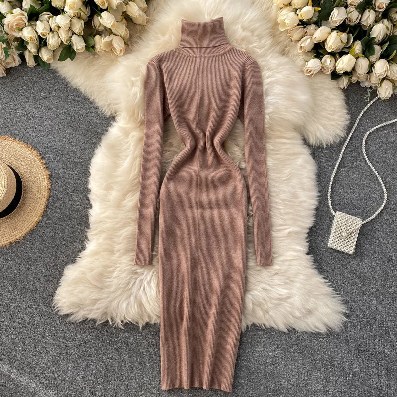 Dresses for Women 2022 Sexy Turtleneck Knitted Bodycon Dress Women Autumn Winter Long Sleeve Sweater Dress - Seprincess