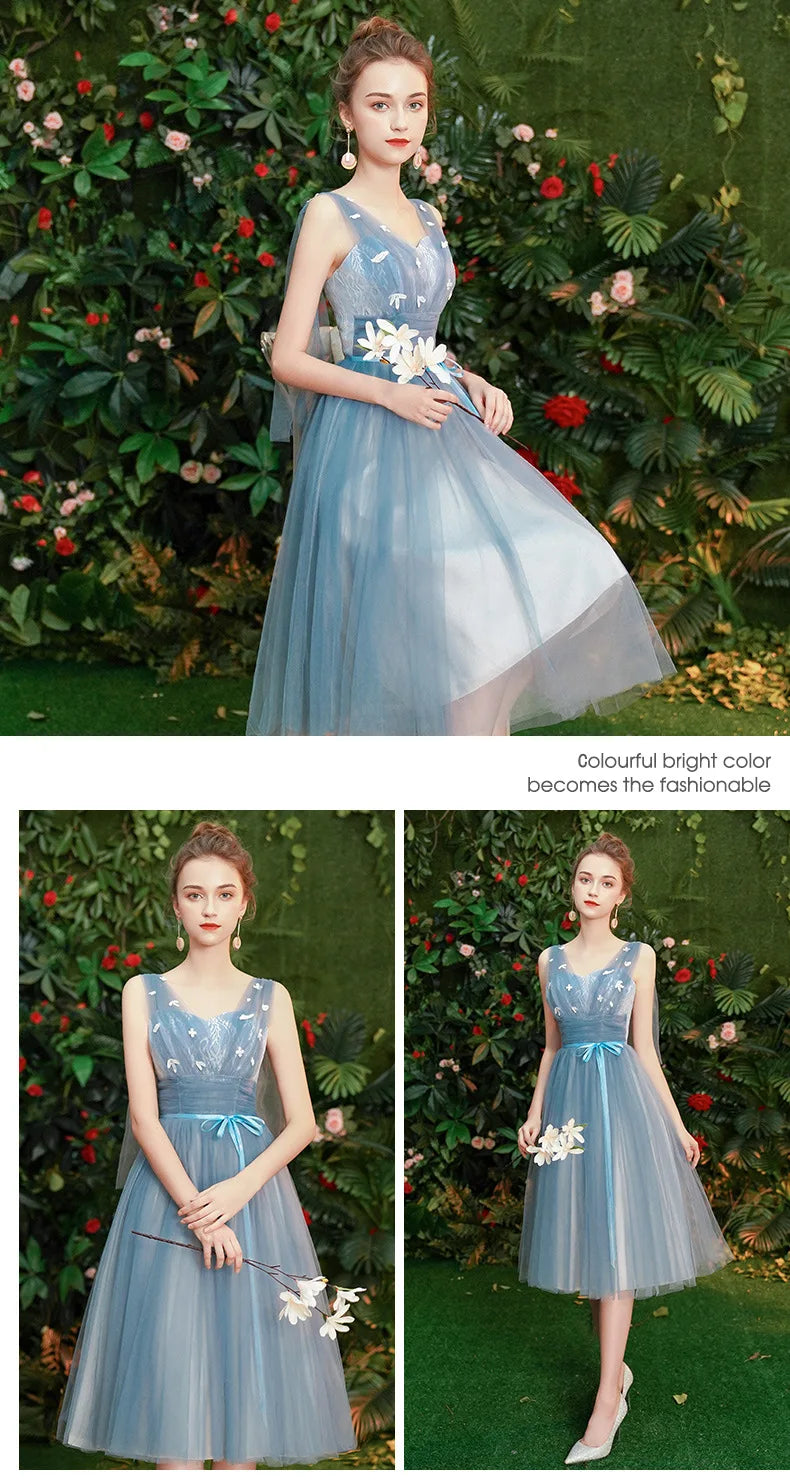 Gray Blue Bridesmaid Dresses For Women Elegant Half Sleeve Wedding Guest Dress Tulle Tea-Length Girl Vestido De Festa - Seprincess