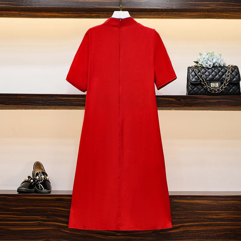 2021 M-4XL Plus Size Vintage Red Embroidery Chinese Traditional Qipao Casual Party Women Midi Dress Summer Cheongsam Dresses - Seprincess