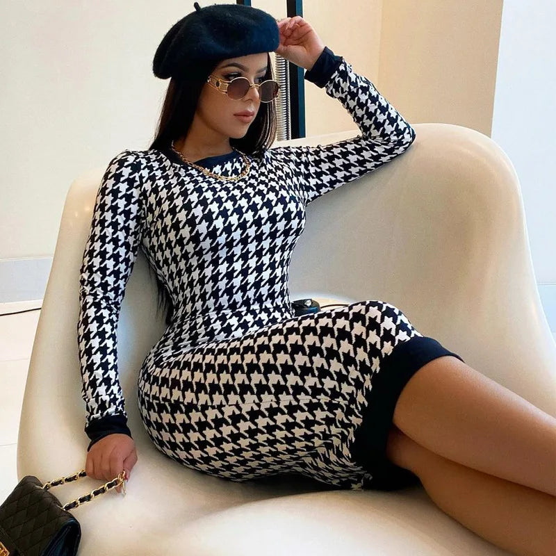 Houndstooth Print Women Long Sleeve Midi Dress Hollow Out Bodycon Sexy Streetwear 2022 Autumn Winter Club Elegant Slim - Seprincess