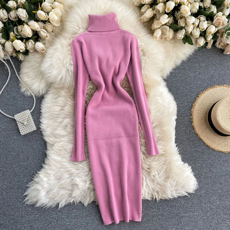 Dresses for Women 2022 Sexy Turtleneck Knitted Bodycon Dress Women Autumn Winter Long Sleeve Sweater Dress - Seprincess