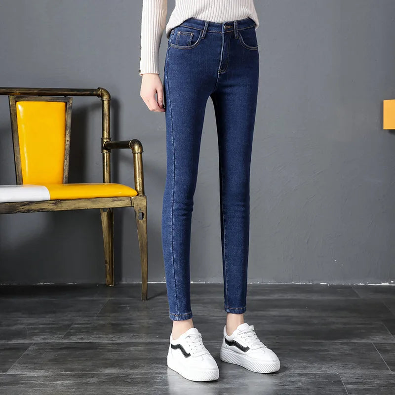 2021 Women’s Korean Slim Fit Jeans Fashion Solid Color Plush Stretch High-waist Tight Denim Long Pencil Pants Winter Warm Wear