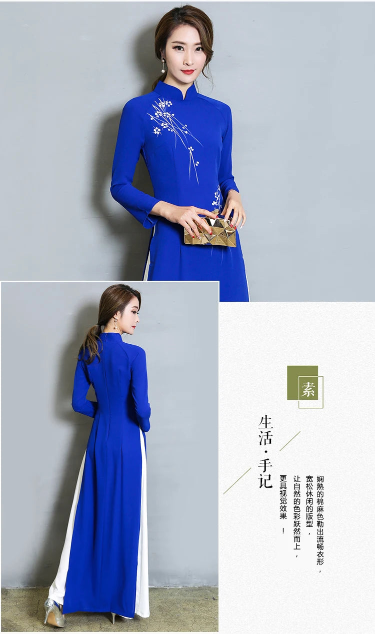 Vietnam Ao Dai Patchwork Tight Dress for Woman Chinese Traditional Costumes Qipao Cheongsams Flower Female Oriental Outfits - Seprincess