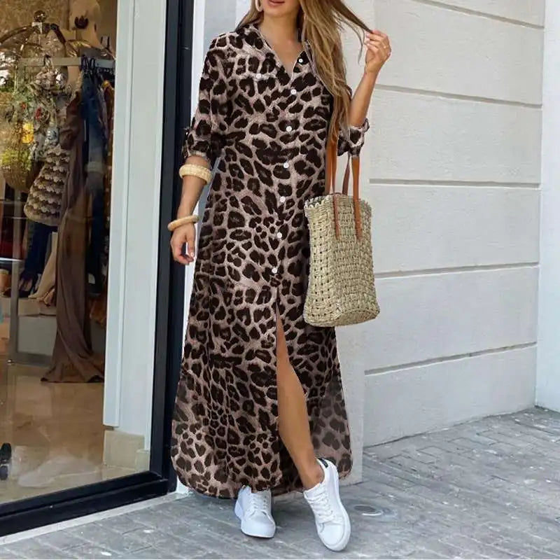 ZANZEA Party Vintage Leopard Robe 2023 Autumn Casual Long Sleeve Maxi Long Vestidos Dress Fashion Oversized Women Shirt Sundress - Seprincess