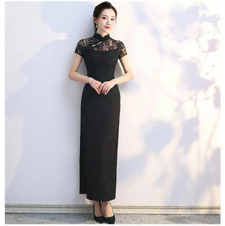 Lace Floral Perspective Collar Qipao Sexy Long Women Cheongsams Big Size 3XL 4XL 5XL Chinese Dress Grace Evening Party Vestidos