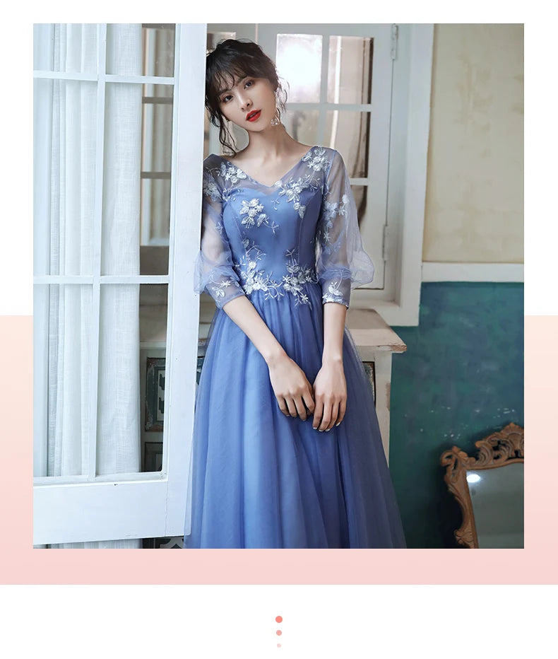 Grey Blue Prom Dress Party Princess Appliques Lace Up Wedding Party Prom Cocktail Dresses For Women Formal Gowns