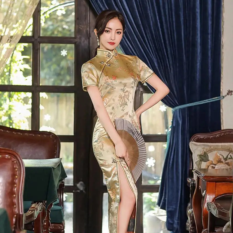 Elegant New Brocade Satin Long Fork Cheongsam Chinese Classic Women's Qipao Short Sleeve Sexy Wedding Evening Party Dress 4XL - Seprincess