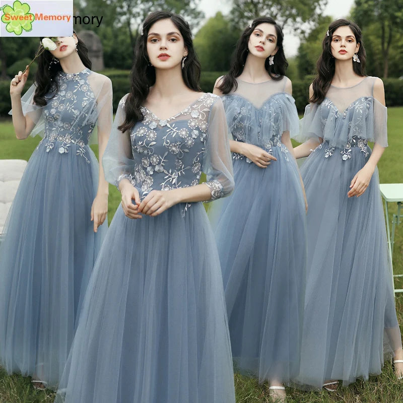 6 Styles Blue Long Bridesmaid Dresses Navy Coffee Prom Tulle Applique Lace Floor Length Gown Women Wedding Graduation Vestidos - Seprincess