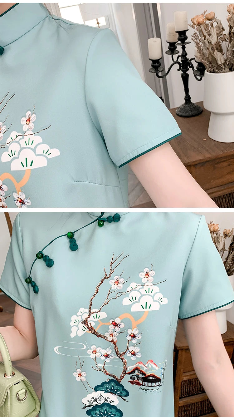 Plus Size M-4XL 2021 New Blue Loose Fashion Modern Cheongsam Dress Women Short Sleeve Qipao Traditional Chinese Style Clothes - Seprincess