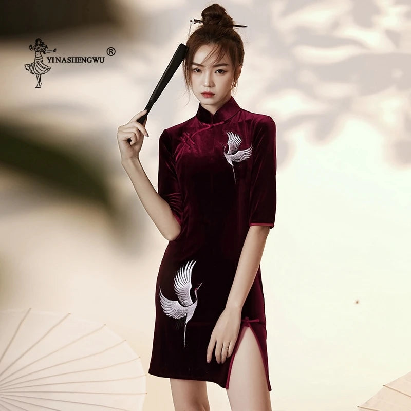 Chinese Cheongsam Short Dress Qipao New Year For Women Solid Party Wedding Crane Embroidery Sexy Fashion Elegant Chinese Style - Seprincess