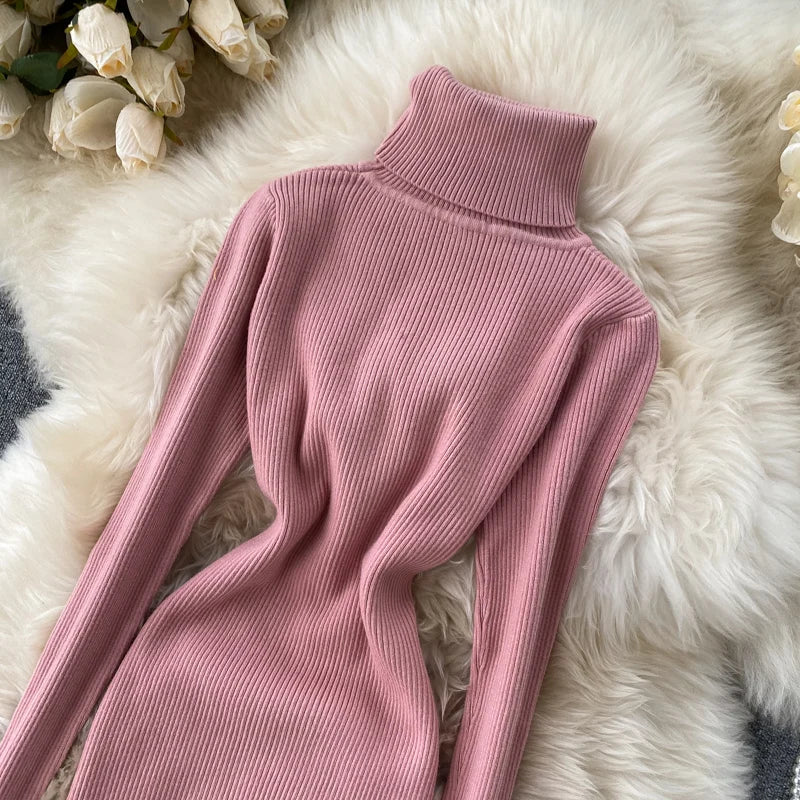 Dresses for Women 2022 Sexy Turtleneck Knitted Bodycon Dress Women Autumn Winter Long Sleeve Sweater Dress