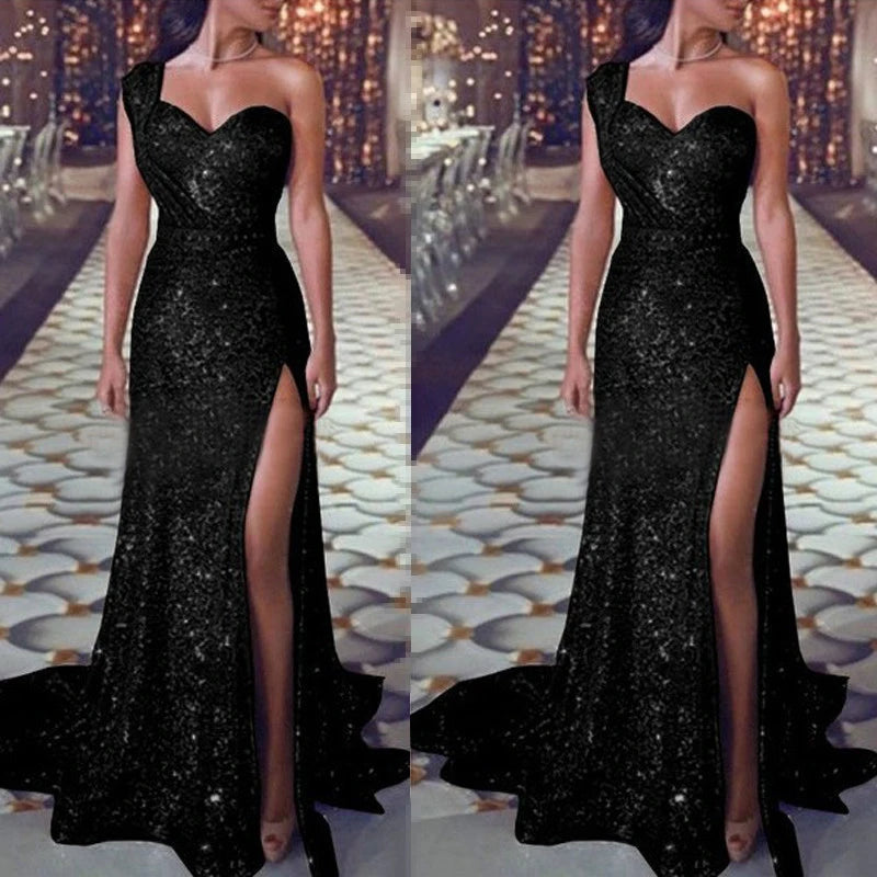 Women Sexy One Shoulder High Split Irregular Dress 2022 New Fashion Shiny Sequin Long Evening Dresses Lady Elegant Party Dress - Seprincess