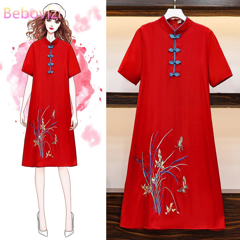 2021 M-4XL Plus Size Vintage Red Embroidery Chinese Traditional Qipao Casual Party Women Midi Dress Summer Cheongsam Dresses - Seprincess