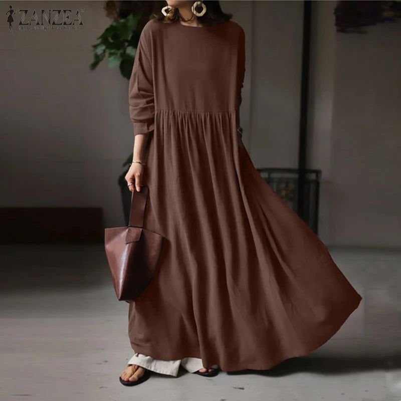 Autumn Women Sundress ZANZEA 2023 Vintage Solid Dresses Female Cotton Robe Casual Long Sleeve Pleated Maxi Vestidos Kaftan - Seprincess