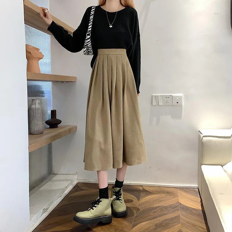 Lucyever Vintage Brown High Waist Pleated Skirt Women Korean Fashion College Style Long Skirt Ladies Autumn Casual A line Skirts - Seprincess