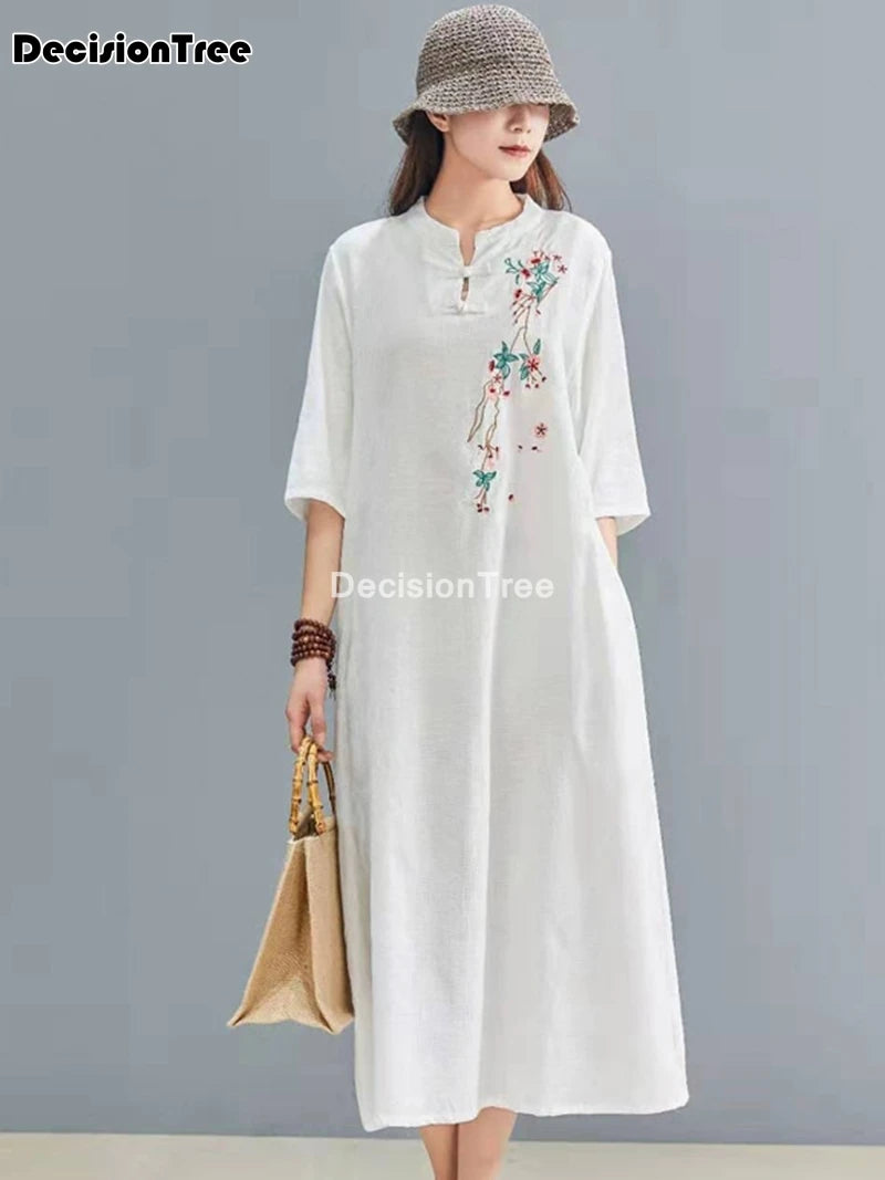 2023 chinese dress cheongsam women long qipao dress modern cotton linen cheongsam dress half sleeve embroidery cheongsam dress - Seprincess