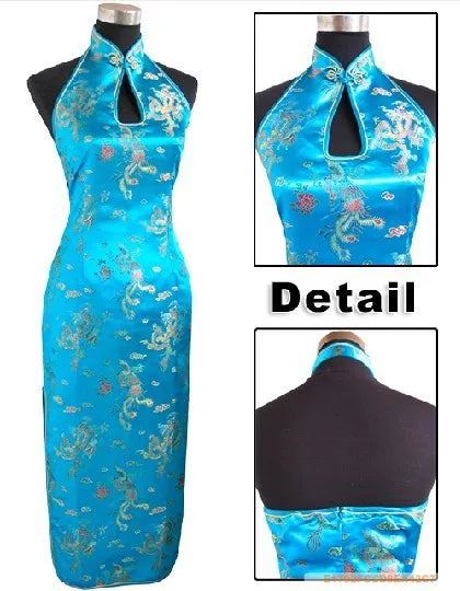 Navy Blue Mandarin Collar Women Chinese Dress Backless Long Satin Qipao Vintage Button Sexy Cheongsam Novelty Stage Show Clothes - Seprincess