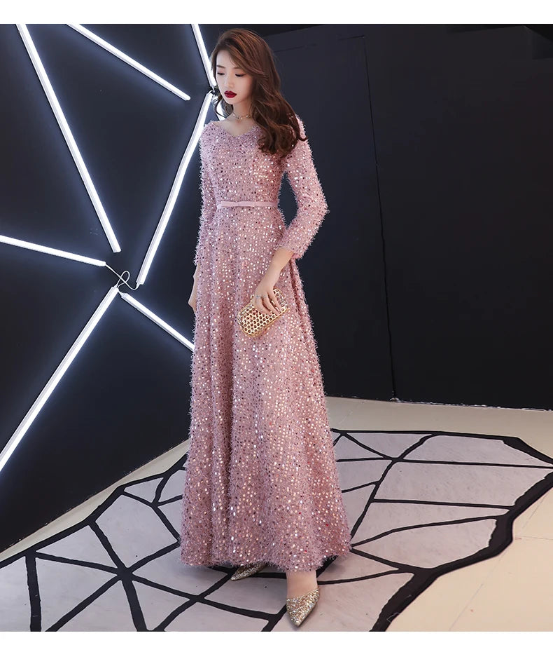 2021 Elegant Pink Feathers Long Evening Dress with Long-sleeve Shiny Sequin Lace Up Floor-Length Formal Gowns New Party Dresses - Seprincess