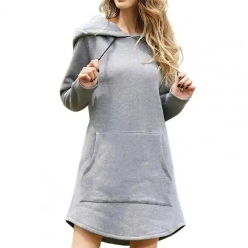 Hooded Hoodie Women Dresses 2021 Autumn Winter Solid Color Drawstring Large Pocket Irregular Hem Hooded Dress - Seprincess