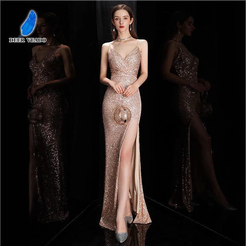 DEERVEADO Strap Prom Dresses Long Sequin Mermaid Evening Party Dress for Women Sexy V Neck Bodycon Maxi Dress Slit Prom Gown - Seprincess