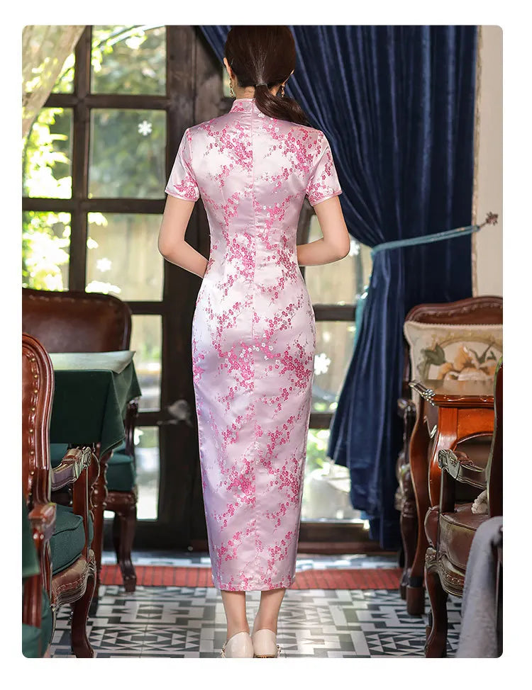 Summer New Women Sexy Cheongsam Elegant Vintage Mandarin Collar Chinese Dress Long Satin Flower Qipao Split Vestidso - Seprincess